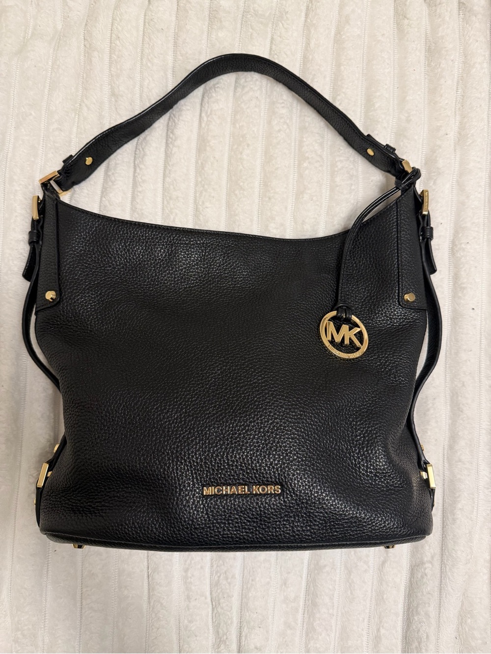 Michael Kors Black Pebbled Leather Shoulder Bag with Gold Hardware